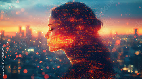 Glowing digital wires enmesh person in futuristic city, representing technological anxiety and emotional tension at dusk