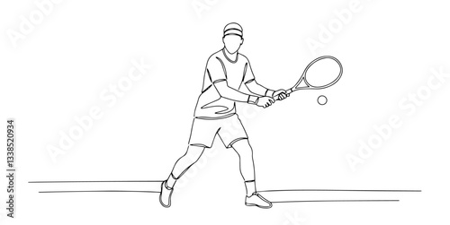 tennis player hitting a forehand shot drawn in clean continuous line art illustration
