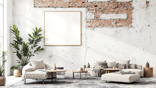 modern living room featuring minimalist design with exposed brick walls, large windows, and natural light. space includes comfortable furniture, decorative plants, and neutral tones, blank poster mock