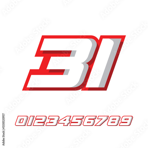 racing number 31 with racing effect, for racing, racing, sports in red and white on white background