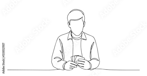 man playing card game sitting at table in clean line art illustration
