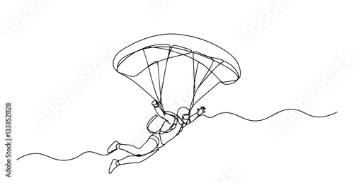 skydiver with parachute descending in dynamic one line vector art