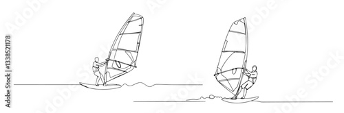 windsurfers riding waves in dynamic minimalist line illustration