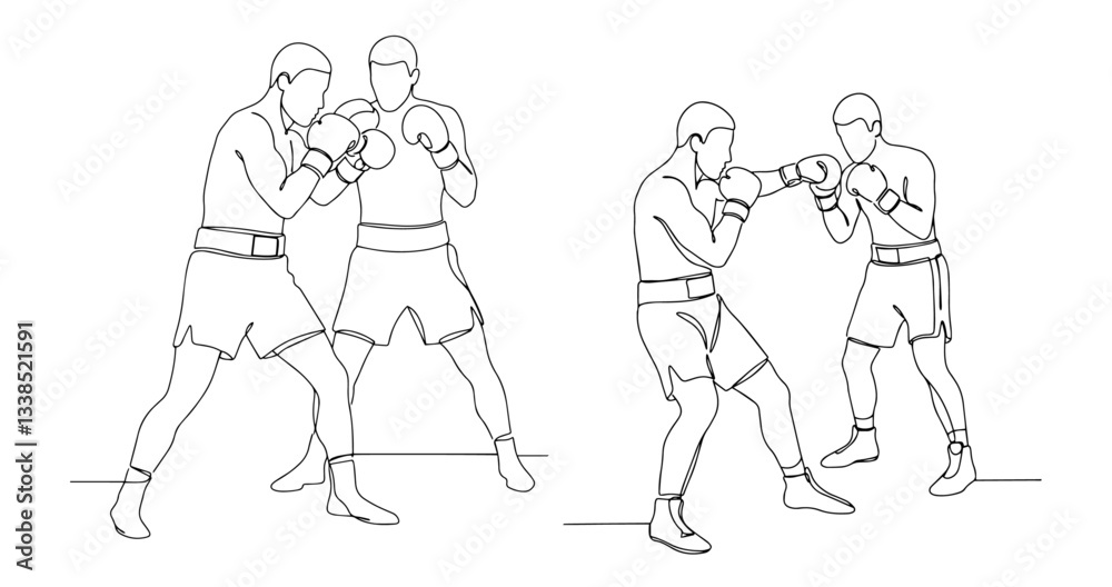 Fototapeta two male boxers sparring and practicing punches in dynamic continuous line art style