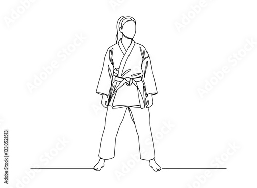 female martial artist in uniform standing in ready stance drawn in one line technique