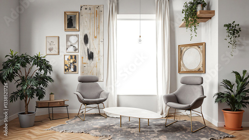 Modern living room with stylish chairs, decorative wall art, and indoor plants, creating cozy and inviting atmosphere. natural light enhances elegant design and decor