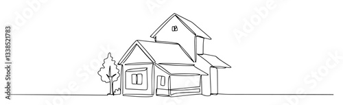 simple line art illustration of a modern house with tree and geometric architecture