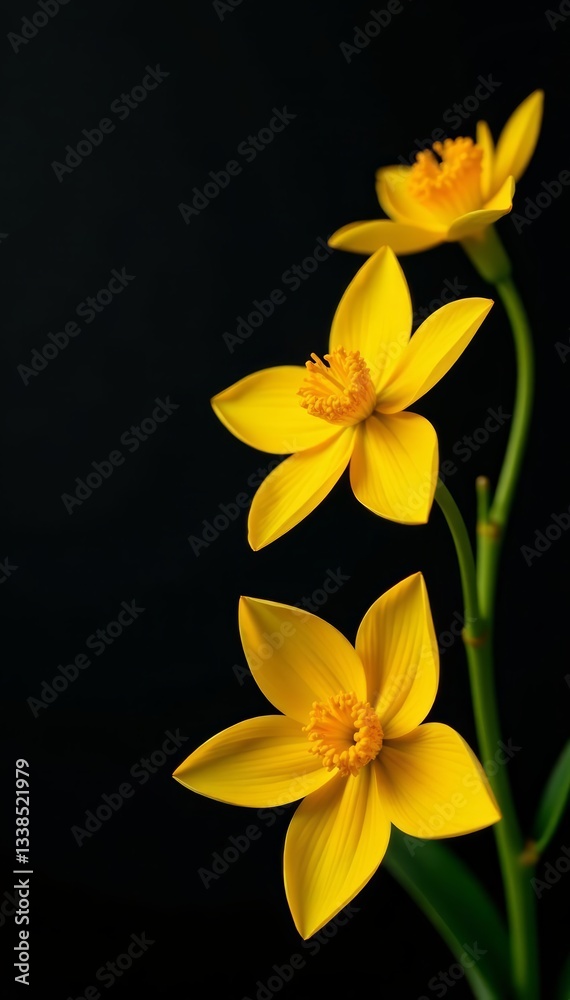 Fototapeta premium Artistic composition of yellow flowers on contrasting black background, blooming, elegant