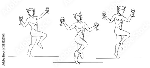 dancing satyrs holding wine cups in joyful greek mythology line art