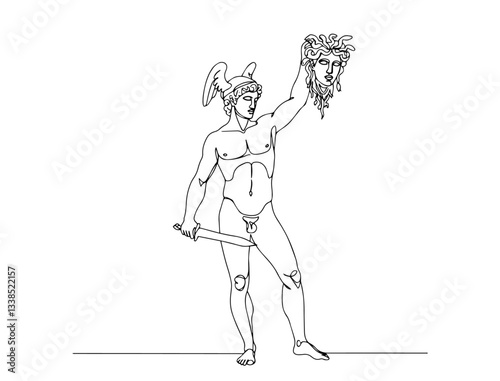 perseus holding medusa’s head with sword in mythological greek line art