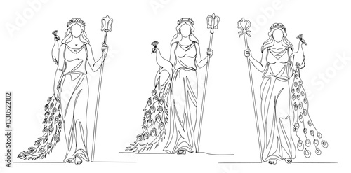 greek goddess hera with peacock in line art style