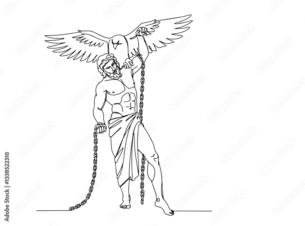 Fototapeta premium prometheus chained and attacked by eagle in dramatic greek myth line art