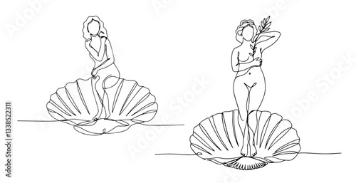 birth of aphrodite on shell in two versions of minimalist line illustration