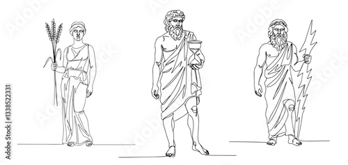 three greek gods hermes poseidon and zeus in classical line art style