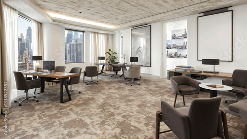 Modern office interior with stylish furniture, large windows, and view of city skyline. space features desks, comfortable seating, and contemporary design that promotes productivity and blank poster