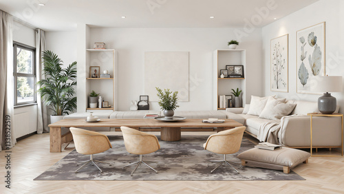 modern living room featuring cozy sofa, stylish chairs, and wooden coffee table. space is adorned with plants and artwork, creating warm and inviting atmosphere blank poster mockup
