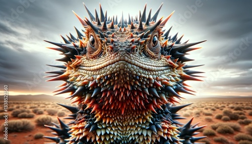 A striking close-up of a spiky lizard against a dramatic desert backdrop, showcasing nature's uniqueness and beauty, perfect for wildlife and environmental themes.