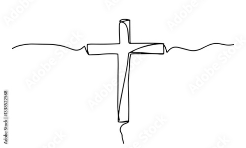 simple christian cross symbol in minimalistic single line drawing