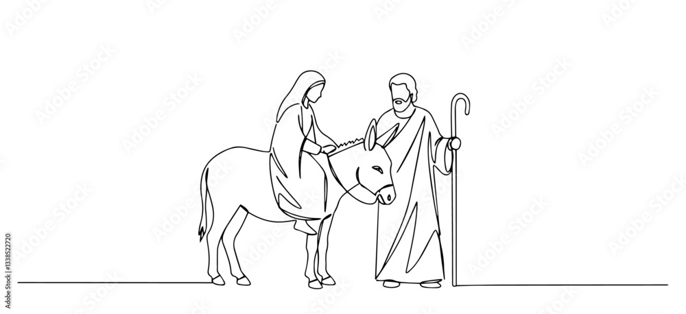 mary on a donkey with joseph walking beside in biblical journey line art mary on a donkey with joseph walking beside in biblical journey line art