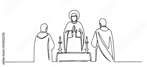 priest at altar with two people monoline hand-drawn sketch vector lineart