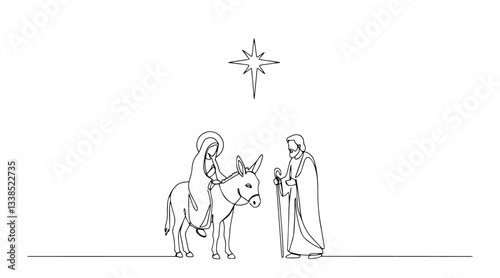 mary on a donkey with joseph walking beside in biblical journey line art