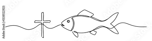 christian fish and cross religious symbol in continuous line drawing