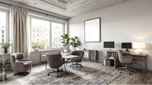modern office interior featuring spacious layout with large windows, natural light, and stylish furniture. room includes wooden table, comfortable chairs, and decorative plants, blank poster mockup