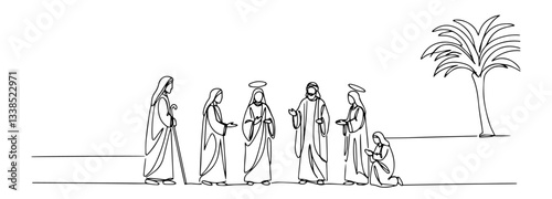 biblical scene with six people under palm tree in one line art style