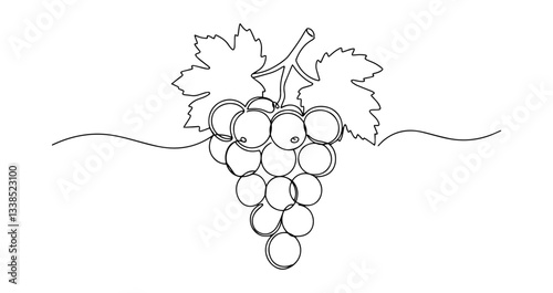 grape bunch with leaves in one line art style