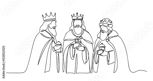 three kings holding gifts in one line art style