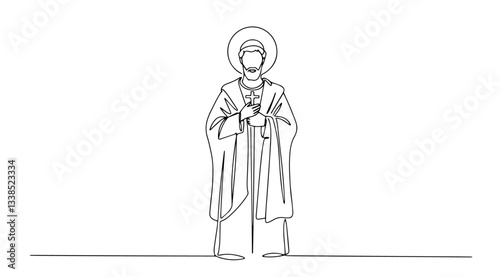 saint figure with halo and book outline one line vector shape