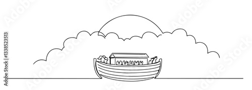 noah's ark with rainbow and clouds outline one line vector shape