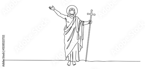 resurrected jesus with cross and halo outline one line vector shape