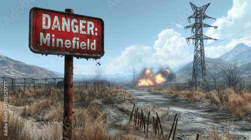 Warning sign indicating a minefield in a desolate desert setting with distant explosions visible