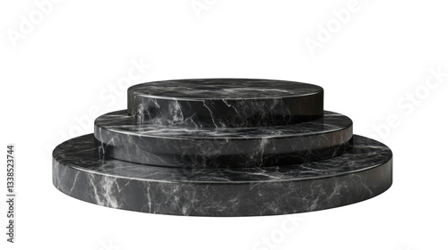 black marble tiered display platform on white background 