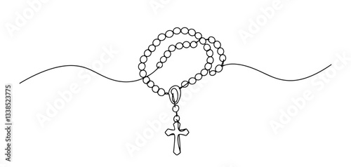 rosary beads with cross outline one line vector shape