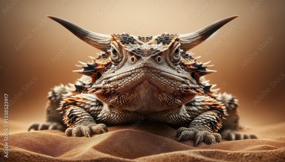 Fototapeta premium Close-up of a horned lizard resting on desert sand, showcasing its unique texture and features. Ideal for wildlife, nature education, and environmental themes.