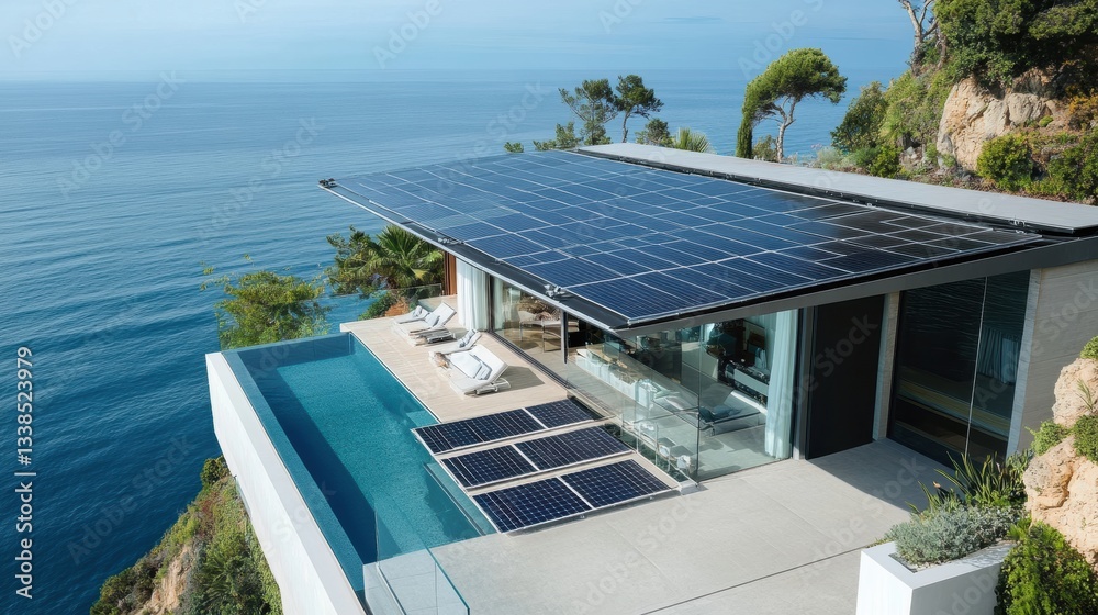 Fototapeta premium Solar Panels on a Luxury Villa Overlooking the Ocean