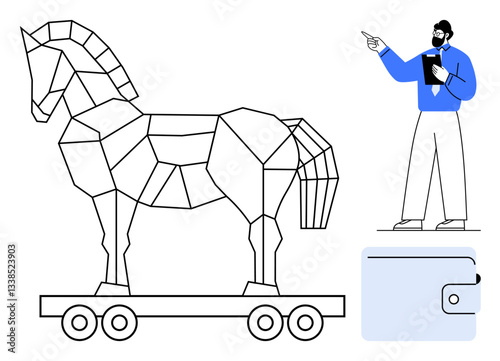 Geometric Trojan horse on wheels with a businessman pointing, holding clipboard, and wallet icon. Ideal for security, strategy, deception, planning, risk, innovation flat simple metaphor