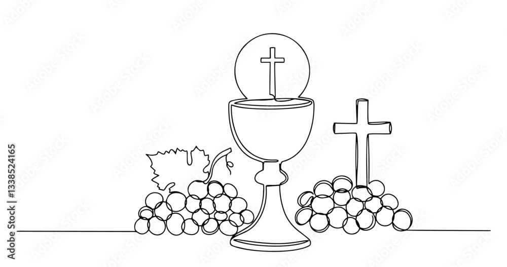 eucharistic chalice with cross and grapes outline one line vector shape