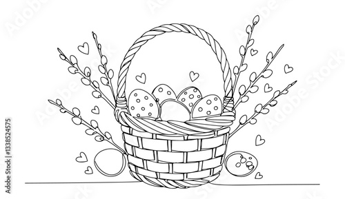 easter basket with decorated eggs and willow branches outline one line vector shape