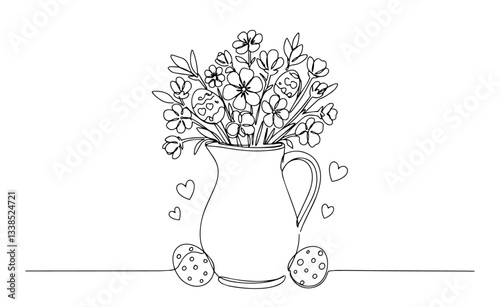 easter eggs with flower bouquet in vase outline one line vector shape