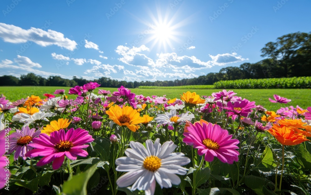 Colorful wildflowers bloom under a bright sun in a lush green field during springtime Colorful wildflowers bloom under a bright sun in a lush green field during springtime