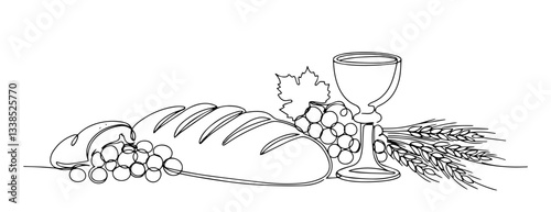 eucharistic chalice bread wheat outline one line vector shape