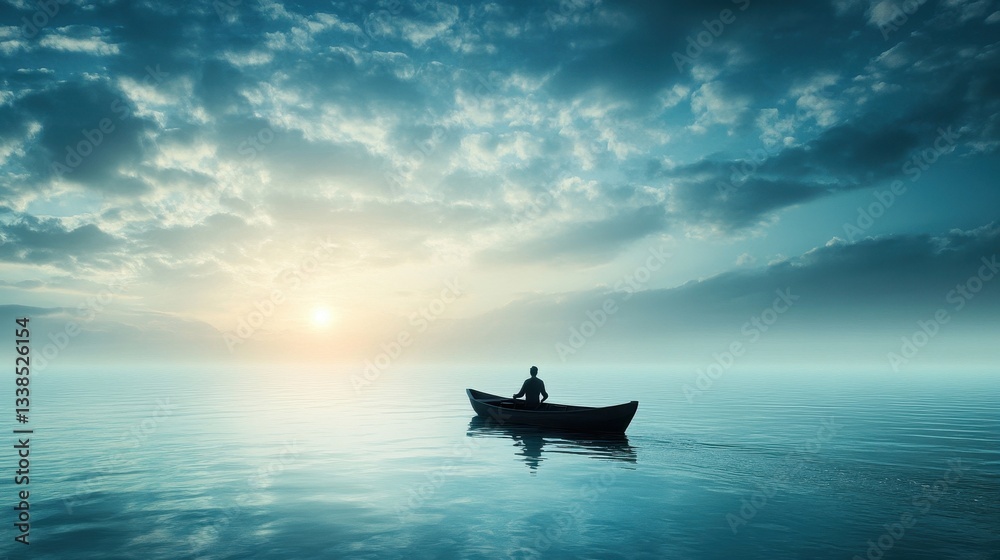 Solitary Journey: A Man in a Small Boat at Sunset on a Calm Lake Solitary Journey: A Man in a Small Boat at Sunset on a Calm Lake