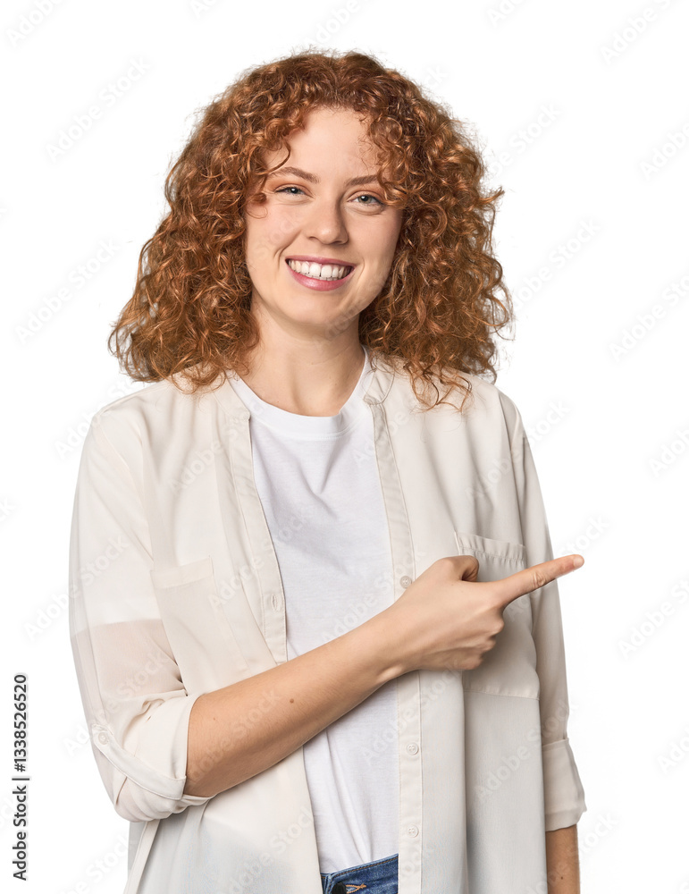 Young Caucasian redhead woman smiling and pointing aside, showing something at blank space. Young Caucasian redhead woman smiling and pointing aside, showing something at blank space.