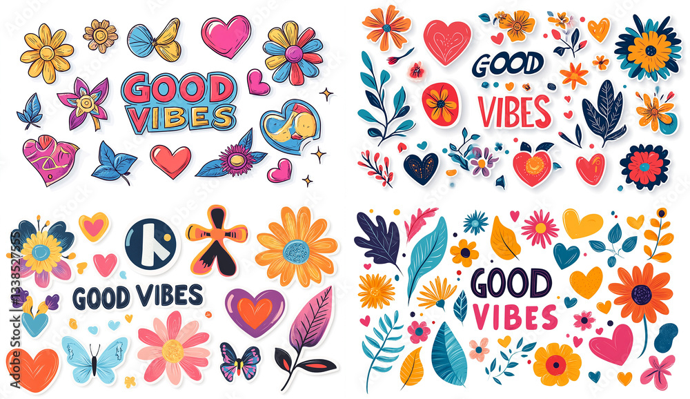 Groovy Good Vibes Collection of Stickers Flowers Hearts Butterflies Peace Sign isolated on Transparent PNG Groovy Good Vibes Collection of Stickers Flowers Hearts Butterflies Peace Sign isolated on Transparent PNG