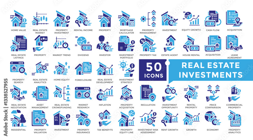 Naklejka premium Real estate investments icon set in Glyph dual color style. Collection includes value, increase, mortgage, real estate, tax and more. Simple vector icon collection