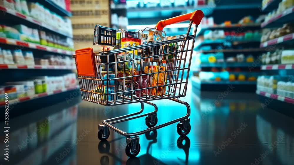 Grocery shopping cart moving through store aisle with stocked shelves in background