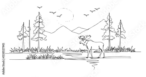 moose in swamp at night wildlife nature vector monoline one line line art